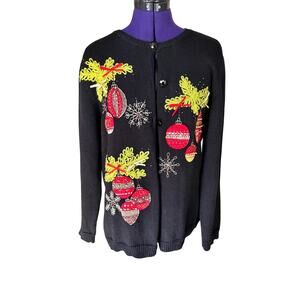 Draper & Damons Christmas Ornament Cardigan - Black - Size L